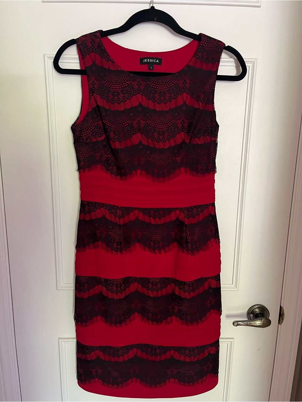 Jessica Red and Black Lace-Trim Midi Sheath Dress